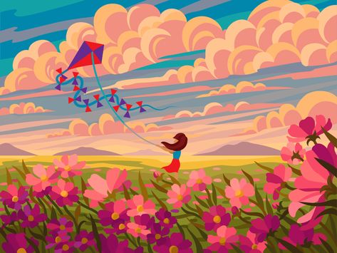 Flower Field Illustration Art, Field Of Flowers Illustration, Flower Field Digital Art, Illustration Flower Art, Flower Field Reference, Flower Field Anime, Flower Drawing Background, Field Of Flowers Drawing, Flower Field Drawing