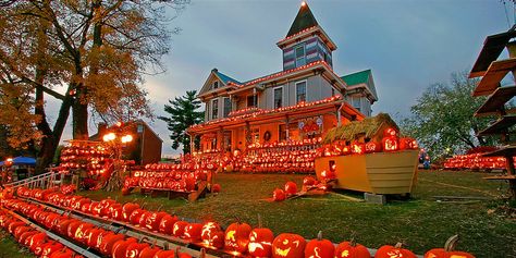 This house in West Virginia displays 3,000 carved pumpkins every year! Halloween Street, Pumpkin House, Carving Designs, Pumpkin Faces, Autumn Activities, Halloween House, Yard Decor, West Virginia, Fall Halloween