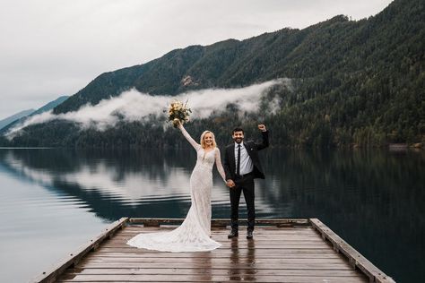 A bride and groom celebrate after saying their vows. Click to read the full post from this Lake Crescent elopement! Lake Crescent Elopement, Lake Crescent Washington, Washington Photography, Lake Crescent, Winter Inspiration, Cascade Mountains, Fantasy Forest, Wedding Team, Olympic National Park