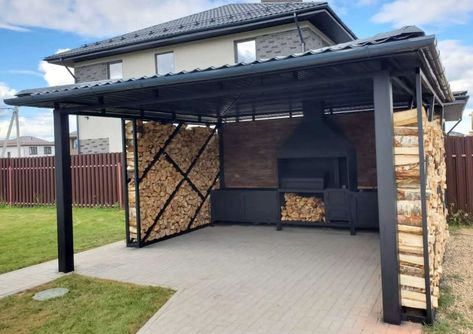 Firewood Storage Outdoor, Ideas Terraza, Epoxy Countertops, Outdoor Bbq Area, Barbecue Design, Firewood Shed, Grill Area, Backyard Remodel, Patio Garden Design