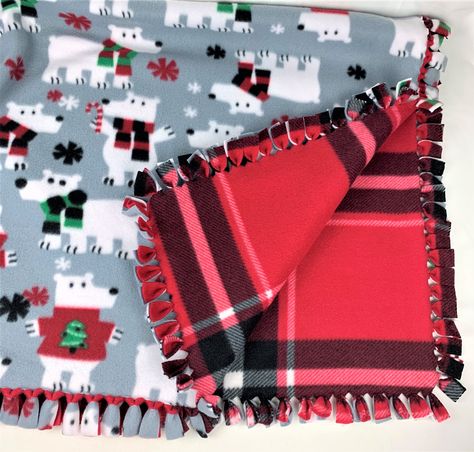 Polar Bear with Scarf & Red Black Plaid Reversible Super Soft Plush Fleece Tie Blanket, 51x58, No Sew Christmas Holiday Winter Gift Blanket Tye Blankets, Fleece Blanket Edging, Tie Knot Blanket, Knot Blanket, Reversible Plush, Fleece Tie Blanket, Sew Christmas, No Sew Blankets, Tie Blanket