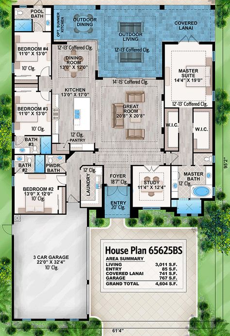 Enjoy one-level living with this house plan, designed to take advantage of outdoor living with a seamless flow between the communal indoor spaces and covered lanai. The spacious great room lives up to its name with a coffered ceiling and multi-panel door that retracts, while the cook in the home will enjoy remaining close to the conversation. Outdoor dining, lounging, and cooking is all available on this luxurious lanai. The master suite is privately situated on the right side of the home, next 5 Bedroom House Floor Plan One Level, Cozy Family Home, One Level House Plans, Covered Lanai, One Level Homes, Little House Plans, At Family, Panel Door, Summer Living