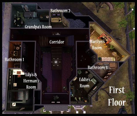 Munster House floor plans (supposedly) Goth Bloxburg House Layout, Addams Family House Floor Plan, Bloxburg Victorian House Layout, Goth House Ideas, Goth House Interior, Goth Mansion, Bloxburg Victorian House, Munsters House, Addams Family House