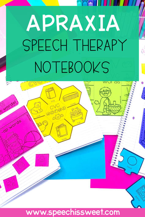 Your speech-language therapy students will love these interactive apraxia notebooks! This blog post previews volume one. It features four fun activities for eight different syllable patterns including CV, VC, CVC, CVCV, CVCVC, CVCVCV, CCVC, and CVCC words! These notebooks are engaging and fun! These are also great for speech therapy homework. Apraxia Activities, Therapy Homework, Activities For Speech Therapy, Cvcc Words, Interactive Notebook Activities, Speech Therapy Resources, Speech Activities, Therapy Resources, Executive Functioning