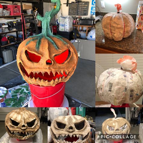 Diy Pumpkin Mask Halloween, Paper Mache Mask Halloween, Pumpkin Head Mask, Paper Mache Pumpkin Head Mask, Paper Mache Pumpkin Head, Pumpkin Head Paper Mache, Halloween Paper Mache, Easy Outdoor Halloween Decorations, Paper Mache Head