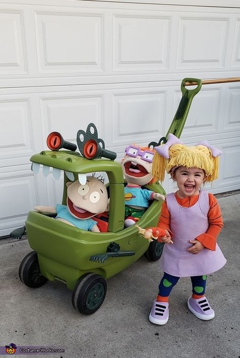 Angelica Halloween Costume, Rugrats Family Halloween Costume, Rugrats Halloween Costume Family, Rugrats Costume Family, Rugrats Family Costume, Family Halloween Costumes With Stroller, Stroller Wagon Halloween Costumes, Family Halloween Costumes With Wagon, Halloween Costume With Stroller