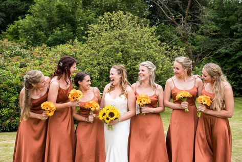 Burnt Orange Weddings With Sunflowers, Burnt Orange And Sunflower Wedding Theme, Sunflower And Burnt Orange Wedding, Fall Sunflower Wedding Theme Bridesmaid Dresses, Bridesmaid Dresses Sunflower Theme, Orange And Sunflower Wedding, Sunflower Bridesmaid Dresses, Bridesmaid Dresses Sunflower, Sunflower Bridesmaid