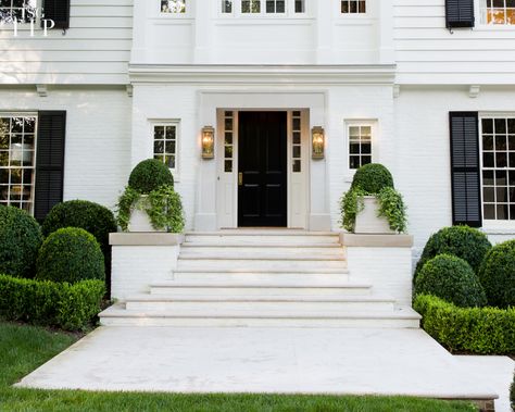 An architect, an interior designer, and a garden designer discuss how to enhance your front entrance, from light fixture recommendations to bold front door colors to ways scale comes into play when selecting containers. Front Door Entrance With Stairs, House Outside Stairs, Steps Up To House, House Entrance Outside, Staircase To Front Door Exterior, Steps Outside House, Front Door Stairs Ideas, Stairs Outside House Front Entry, Stairs To Front Door Exterior