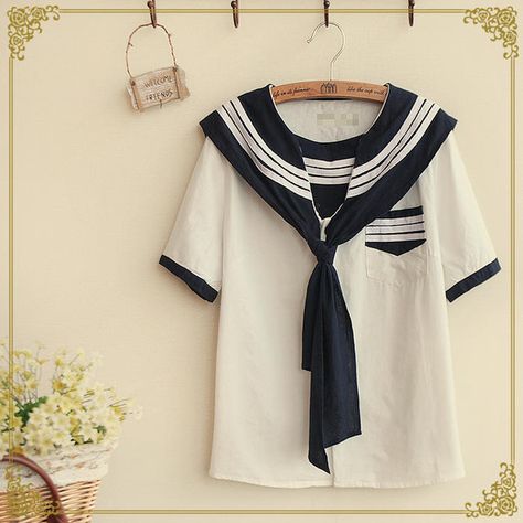 Fairyland Sailor Collar Shirt ($20) ❤ liked on Polyvore featuring tops, cotton button up shirt, brown button up shirt, neck ties, sailor shirt y brown button down shirt Sailor Collar Shirt, Dip Hem Blouse, Sailor Shirt, Fashion Crafts, Sailor Fashion, Sailor Collar, Nautical Fashion, Summer Blouses, Blouse Online