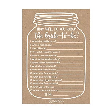 Amazon.com: 25 Cute Rustic How Well Do You Know The Bride Bridal Wedding Shower or Bachelorette Party Game, Who Knows The Best Does The Groom? Couples Guessing Question Set of Cards Pack Unique Printed Engagement: Toys & Games Anniversary Party Games, Bachelorette Party Game, Country Bridal Shower, Baby Shower Game Cards, Bridal Shower Party Favors, Bachelorette Party Games, The Wedding Date, Bridal Shower Party, Party Game