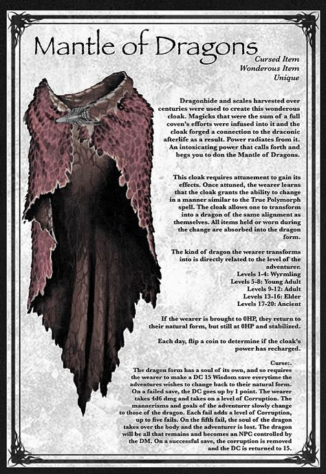 Dnd 5e Druid Magic Items, Dnd Magic Clothes, Magic Items For Druids, Dnd 5e Magic Cloak, Dnd Dragon Armor, Dnd Magic Items Homebrew Cloak, D&d Deities, Dnd 5e Armor, Dragon Items Dnd