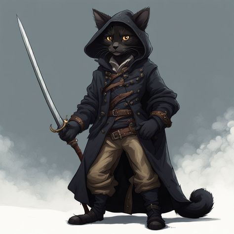 Acrobatic tabaxi rogue swashbuckler black fur fluffy ears ho... by Tawnya Kovach - Playground Tabaxi Kid, Black Tabaxi Rogue, Tabaxi Rogue Female Dnd, Tabaxi Swashbuckler, Black Tabaxi, Swashbuckler Rogue, Echo Knight, Rogue Shadow, Dnd Tabaxi