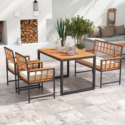 Costway 4 Piece Patio Dining Set Outdoor Wood Dining Furniture with 2 Chairs & 1 Lovesea - Walmart.com Acacia Wood Table, Restaurant Dining, Dining Furniture Sets, Wood Patio, Outdoor Restaurant, Outdoor Dining Furniture, Rectangle Table, Outdoor Wood, Patio Umbrellas