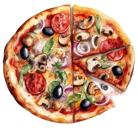 Food Art Drawing, Pizza Painting, Pizza Clipart, Pizza Illustration, Pizza Drawing, Pizza Vector, Food Art Painting, Pizza Art, Food Artwork