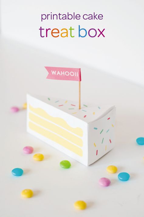 This adorable printable cake treat box is a great way to celebrate your child’s birthday. Print out this easy DIY party gift and fill it with small treats for all of your little one’s friends. This craft only takes a few minutes to assemble but your friends and family will love the thoughtful gesture. Make your toddler’s big day special with this homemade project. Cake Slice Box Template, Birthday Box Gift, Gift Box Template Free, Box Templates Printable Free, Cake Slice Boxes, Template Box, Birthday Party Goodie Bags, Box Template Printable, Gift Box Cakes