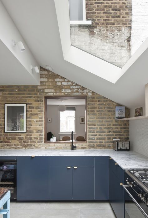 Coronation Party, Wren Kitchens, Quartz Worktops, House Extension Design, Blue Cabinets, Brick Walls, Kitchen Extension, Row House, Terraced House