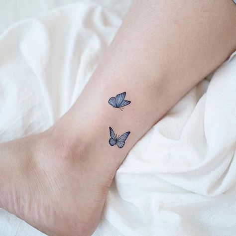 Butterfly Ankle Tattoos, Ankle Tattoo For Girl, Purple Butterfly Tattoo, Ohana Tattoo, Monarch Butterfly Tattoo, Butterfly Tattoos On Arm, Blue Butterfly Tattoo, Pawprint Tattoo, Bestie Tattoo