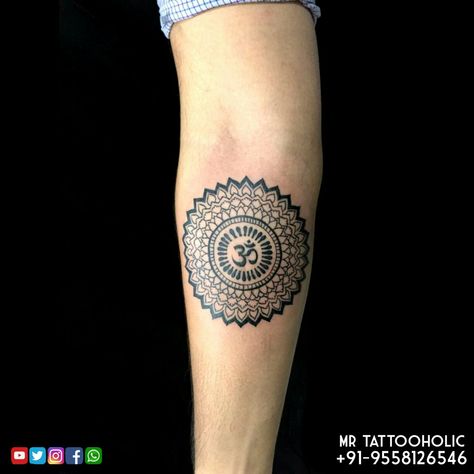 Om Tattoo Design Men Chest, Om Tattoo Designs Men Arm, Small Mandala Tattoo Men, Circle Tattoo Design For Men, Mandala Om Tattoo, Om Mandala Tattoo, Hindu Tattoos, Trishul Tattoo Designs, Om Tattoo Design