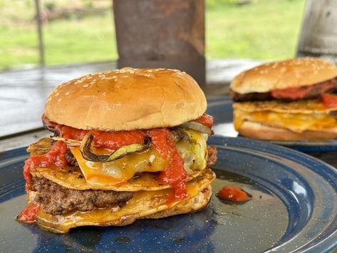 Enchilada Burger - Cowboy Kent Rollins Smoked Enchiladas, Cowboy Sandwich, Enchilada Burger, Cowboy Kent Rollins, Cowboy Burger, Chorizo Burger, Homemade Chorizo, Kent Rollins, Dude Food