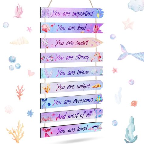 PRICES MAY VARY. Watercolor Mermaid Wood Wall Hanging: you will receive 1 piece of room decoration for teen girls in 9 different colors in 9 connected wood boards, various colors can support your use and decoration needs in daily life Sturdy and Reliable: the room decor for girls is mainly made of quality wood material, with bright and clear printing, not easy to break, deform or fade, well polished and no burrs, strong and safe, can serve you for a long time Distinctive and Delicate Design: the Mermaid Room Ideas Kids, Room Wall Decor Aesthetic, Mermaid Themed Bedroom, Mermaid Theme Room, Mermaid Decor Bedroom, Art Room Wall, Mermaid Room Decor, Pretty Living Room, Teens Bedroom