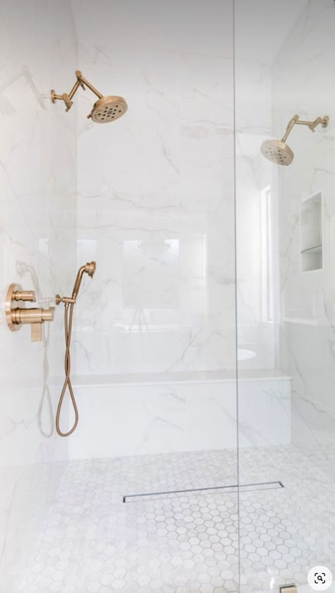 Happy Floors Dolomite White, Unique Master Shower Ideas, Porcelain Master Bath, Jet Shower Bathroom, Large Format Marble Tile Shower Wall, Costal Modern Bathroom, All White Master Bath, Quartz Shower Walls One Piece, Grandma Bathroom