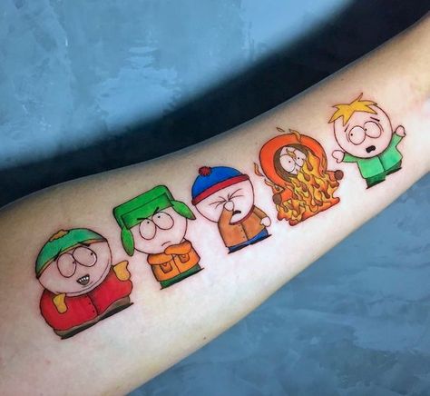 80s Cartoon Tattoo Ideas, Cartoon Tattoos Color, South Park Tattoo Design, Southpark Tattoo Ideas, 80s Cartoon Tattoos, Small Cartoon Tattoos, Cartoon Tattoos Sleeve, Southpark Tattoo, Old Cartoon Tattoos