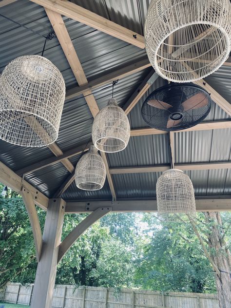 Gazebo Solar Lighting Ideas, Gazebo With Chandelier, Basket Patio Light, Outdoor Gazebo Ideas Decor, Solar Chandelier Outdoor, Solar Chandelier For Gazebo, Pool Cage Solar Lights, Gazebo Decorating Ideas, Bohemain Outdoor Ceiling Lights