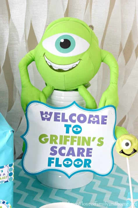 Monsters Inc. Birthday Party - Love of Family & Home Birthday Party Monsters Inc, Monsters Inc 3rd Birthday Party, Monsters Inc One Year Birthday, Monsters Inc Party Decorations, Monsters Inc Second Birthday, Monsters Inc 1st Birthday Boy, Monster Inc Birthday Party Ideas, Monsters Inc First Birthday Boy, Monsters Inc Party Ideas