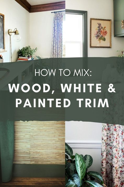 Wood Door With White Trim, Mix Wood And White Trim, Wood And White Trim, Modern Cottage Exterior, Stained Wood Trim, Modern Cottage Decor, Wood Crown Molding, Wall Stains, Stained Trim