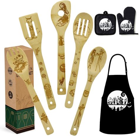 Christmas Nightmare Gift for Women Wooden Cooking Spoons Bamboo Kitchen Cooking Utensils Set with Apron Oven Mitt Potholder Halloween Kitchen Decorations, Bamboo Cooking Utensils, Wooden Cooking Utensils, Bamboo Kitchen, Bamboo Utensils, Kitchen Decorations, Wooden Kitchen Utensils, Utensils Set, Kitchen Cooking Utensils