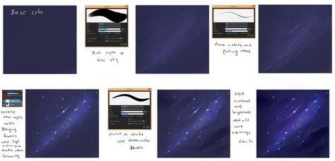 easy___night_sky__tutorial_by_ryky-d9stlf1 Medibang Tips, Draw Night Sky, Medibang Tutorial, Night Sky Tutorial, Sky Tutorial, Night Sky Drawing, Paint Space, Cloud Tutorial, Landscape Tutorial