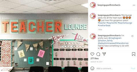 20 Inspiring Teachers' Lounge and Workroom Ideas - WeAreTeachers Teacher Work Room, Staffroom Ideas, Room Bulletin Board Ideas, Teachers Lounge Decor, Room Bulletin Board, Staff Bulletin Boards, Workroom Ideas, Teachers Lounge Makeover, Lounge Makeover