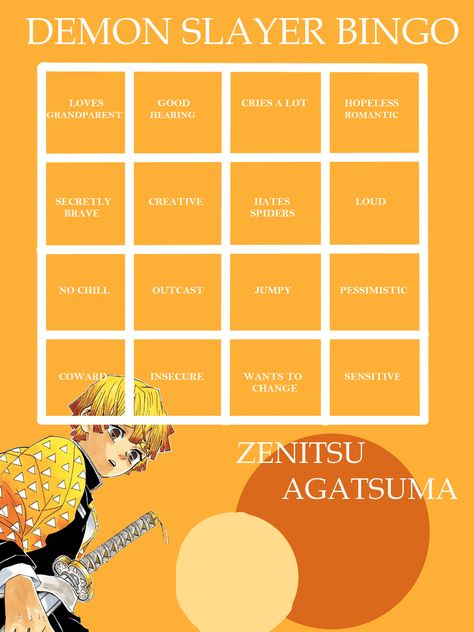 Demon Slayer Bingo Kin, Zenitsu Kinnie Bingo, Demon Slayer Kinnie Bingo, Demon Slayer Bingo, Kin Template, Character Bingo, Kin Bingo, Demon Slayer Character, Kinnie Bingo