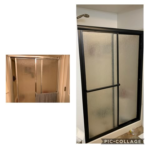 Updated my chrome shower by painting with matte black spray paint Painting Bathroom Shower Frame, Spray Paint Shower Frame, Door Remodel Diy, Shower Door Update, Bathtub Update, Modern And Farmhouse Mixed, House Walk In Closet, Shower Update, Door Remodel