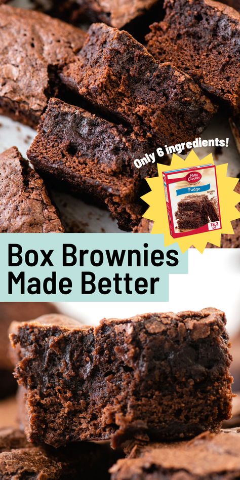 box brownies pin with overlay text Best Brownies From A Box Recipes, Boxed Brownie Hacks, Brownie Mix Hacks, Box Mix Brownies, Boxed Brownies Better, Best Brownie Mix, Brownie Hacks, Boxed Brownie Recipes, Easy Brownie Recipe