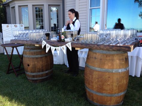 Wine barrel bar Outdoor Wedding Reception Tent, Ceremony Backdrop Diy, Outdoor Wedding Foods, Parties Themes, Wine Barrel Bar, Bar Wedding Reception, Country Wedding Reception, Outdoor Country Wedding, Barrel Ideas