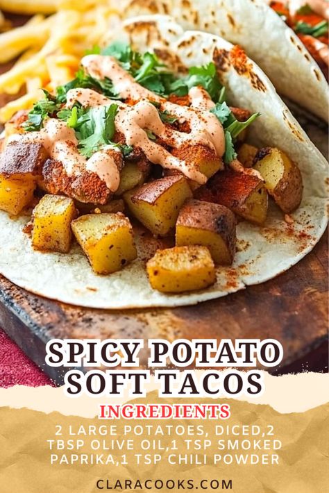 Spicy Potato Soft Tacos Cheesy Potato Tacos, Potato Bean Tacos, Potato Tacos Recipe, Potato Tacos Mexican, Potato Soft Tacos, Spicy Potato Tacos, Soft Taco Recipe, Spicy Tacos, Pizza Salad