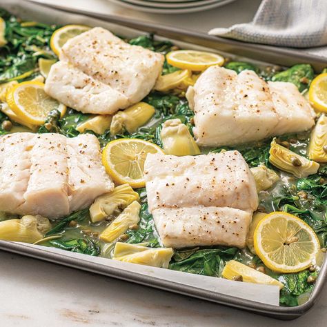 Cod With Spinach, Lemon Butter Cod, Sheet Pan Mediterranean, Butter Cod, Mediterranean Cod, Gluten Free Salmon, 1st Phorm, Spinach Recipe, Prep Meals