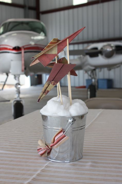 Paper Airplane Themed Birthday Party, Airplane Table Decorations, Plane Centerpiece, Paper Airplane Centerpiece, Airplane Centerpieces, Airplane Centerpiece Ideas, Paper Airplane Party, Blue Table Cloth, Pilot Party