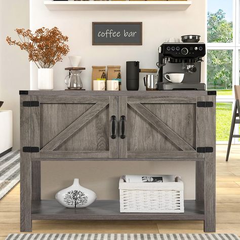 PRICES MAY VARY. [Farmhouse Modern Coffee Bbar Table]: This white coffee bar cabinet consists of a white cabinet and wood grain on top, full of farmhouse modern style. Together with black metal handles and button decorative corners connected to form a strong contrast, creating a retro industrial style for your living space. The triangular shaped door has a geometric aesthetic. This entryway cabinet will fit nicely into your modern farmhouse style home decor. [Large Storage Space Buffet Cabinet]: Coffee Bar Home Modern, Grey Coffee Bar, Coffee Bar Diy, Bar Shelf Ideas, Built In Coffee Bar, White Entryway Table, Office Coffee Station, Coffee Bar Table, Office Coffee Bar