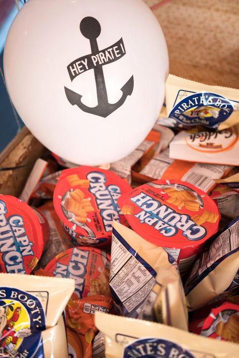 Cap'n Crunch cereal snack packs from A Pirate's Life for Three Birthday Party on Kara's Party Ideas | KarasPartyIdeas.com (18) Pirate Snack Ideas, Pirate Treats, Diy Pirate Party, Pirate Theme Snacks, Pirate Birthday Party Ideas, Pirate 1st Birthday Party, Pirate Party Food Ideas For Adults, Pirate Party Decorations Diy, Pirates Life For Three