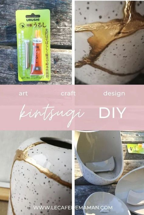 DIY kintsugi mending - the art of turning broken ceramics and pottery into a piece of unique art! Learn how to easily make your own kintsugi jewel with Le cafe de maman! #handmade #craftideas #easydiy #kintsugi #ceramics #pottery Kintsugi Diy Easy, How To Kintsugi, Kintsugi Ceramics, Diy Kintsugi, Kintsugi Diy, Scandinavian Vase, Learn Pottery, Tikkun Olam, Kintsugi Art