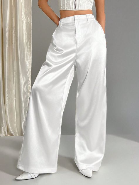 White Elegant Collar  Woven Fabric Plain Straight Leg Embellished Non-Stretch  Women Clothing White Satin Pants, Pantalon Satin, Womens Palazzo Pants, Wide Leg Palazzo Pants, Fall 24, Satin Pants, Women Pants, Satin Top, White Satin