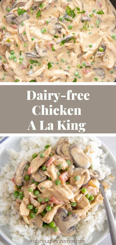 Dairy-free Chicken a la King is rich and creamy and completely made from scratch. This easy skillet chicken dinner is a great recipe for using up leftover rotisserie chicken! Served over rice, pasta or biscuits! Rotisserie Chicken Recipes Leftover Gluten Free, Dairy Free Rotisserie Chicken Recipes, Leftover Chicken Recipes Dairy Free, Skillet Chicken Dinner, Chicken Recipes Dairy Free, Quick Gluten Free Meals, Easy Skillet Chicken, Alpha Gal, Chicken A La King