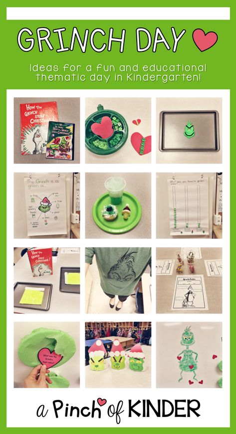 On the last day before break we had our first ever Grinch Day! I first read about Grinch Day on Cara's blog "The First Grade Parad... Prek Grinch Day, Grinch Day Ideas, Chanukah Crafts, Christmas Tag Printable, Grinch Day, December Kindergarten, Ideas For Kindergarten, Grinch Christmas Party, Christmas Units