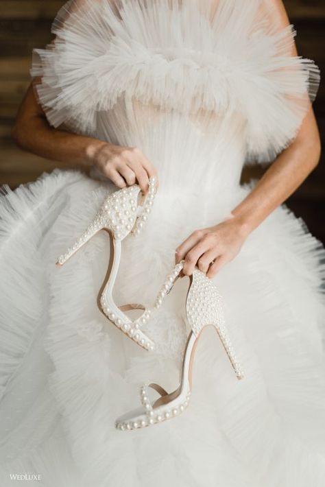 WedLuxe Magazine Pastoral Theory Wedding Shoes Tulle Dress, Elegant Wedding Shoes Heels Pearl, Elegant Tulle Wedding Heels, Gvf Outfit, Bridal Shoes With Tule Bow, Wedding Heels Photography, Event Shoes, Pearl Wedding Shoes, 2023 Ideas