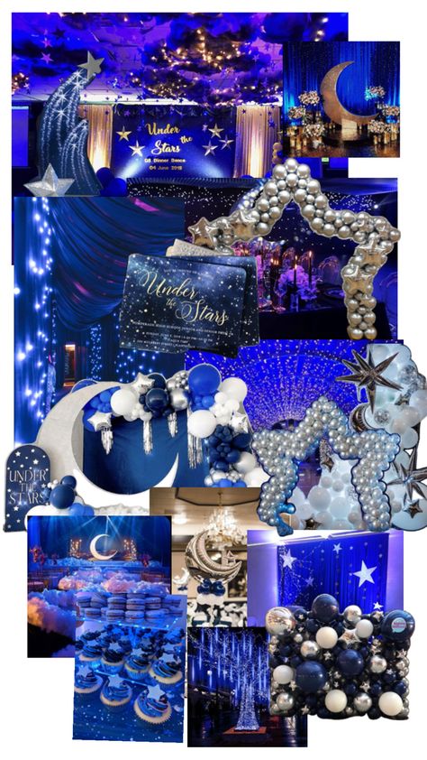 Prom Themes Starry Night, Under The Stars Quinceanera Theme, 15 Party Ideas Quinceanera, Starry Night Theme, School Dance Themes, Starry Night Prom, Prom Planning, Sweet 15 Party Ideas Quinceanera, Sweet Sixteen Birthday Party Ideas