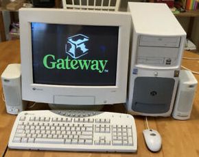 Gateway was a prominent name in the computer industry during the 90s and early 2000s. We used to have one that was similar to the one pictured here, except the monitor had a giant power button. 2000s Computer, Tropical 2000s, Computer Robot, Retro Tech, Portable Tv, Windows 98, Back In My Day, 2000s Nostalgia, The Early 2000s