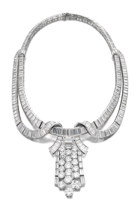 IMPORTANT DIAMOND NECKLACE FROM THE ART DECO PERIOD, 1930S Designed as a stylised ribbon set with graduated and tapered step-cut diamonds, suspending an articulated cascade of graduated circular-cut and step-cut diamonds, length approximately 375mm, central motif detachable and may be worn as a clip, indistinctly signed Boucheron to necklace and clip fitting, French assay and maker's marks. Bijoux Art Deco, Magnificent Jewels, The Bling Ring, Era Fashion, Jewellery Art, Tech Blog, Royal Jewels, Art Deco Period, Deco Jewelry