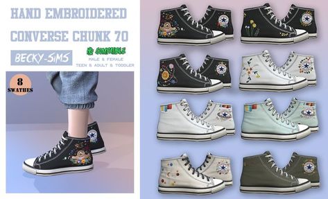 sims4 content Sims 4 Shoes Cc, 50s Inspired Outfits, Sims 3 Cc Clothes, Mod Shoes, Embroidered Converse, Sims Clothes, Cc Shoes, Cc Furniture, Sims 4 Cc Shoes